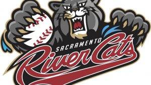 MILB River Cats logo with large grey cat barring its' teeth