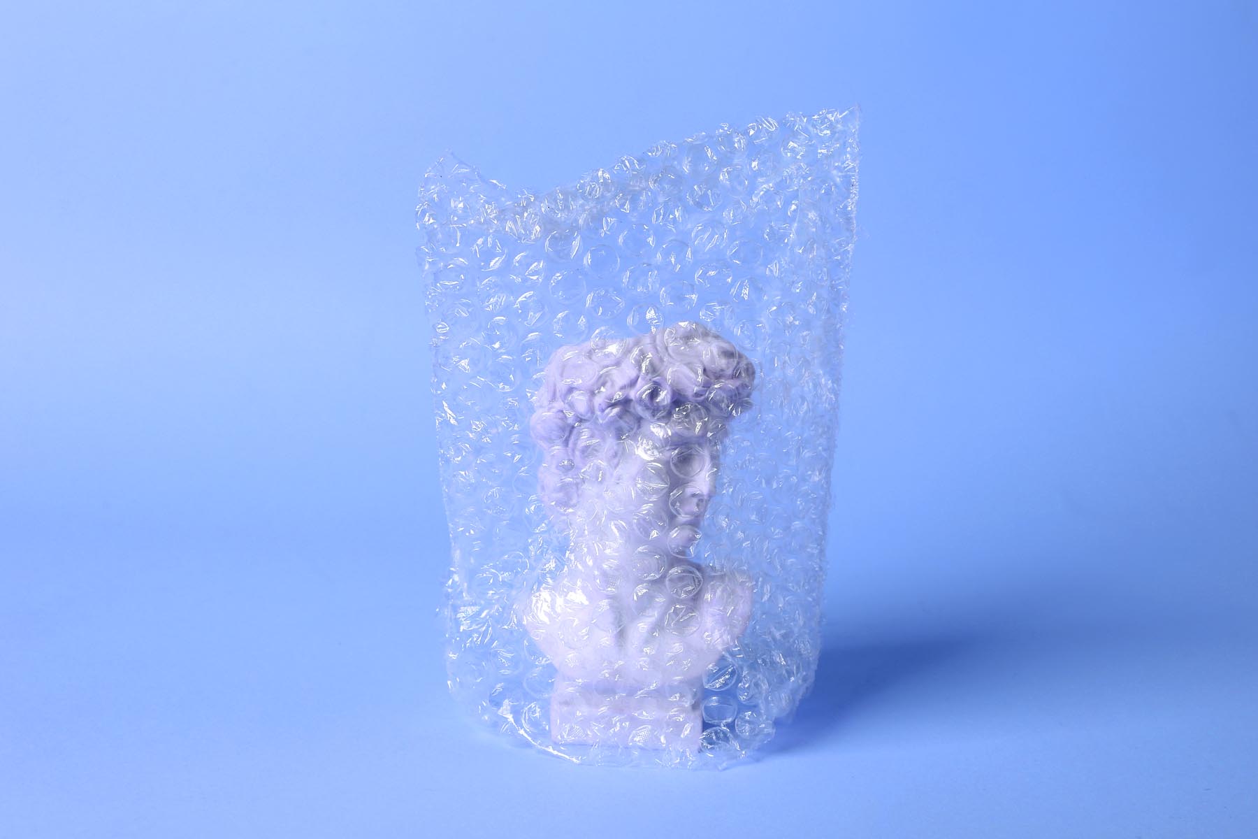 David Bust in bubble wrap on a pink background. Minimal contemporary still life